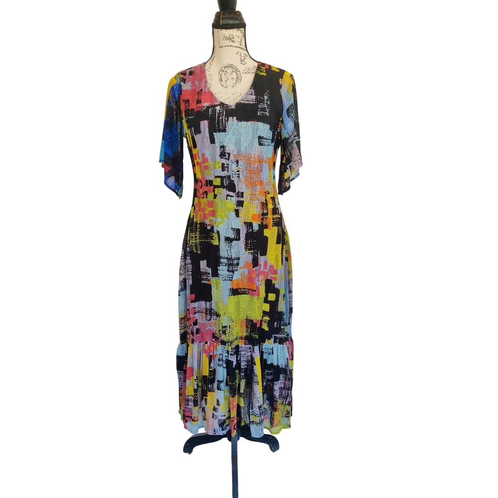 Calesa Abstract Mesh Lace Midi Dress MultiColor V-Neck Ruffle Hem Small Tiered
